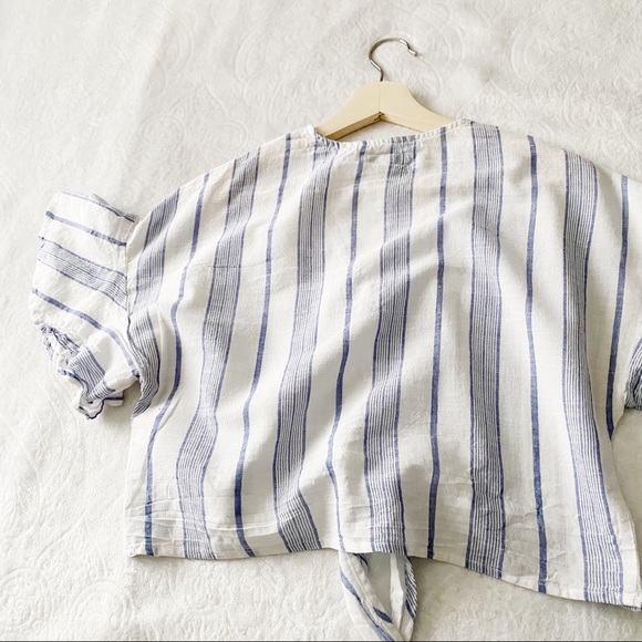 Moon River White Cotton + Blue Stripe Button Down Tied Waist Top - Picture 4 of 11